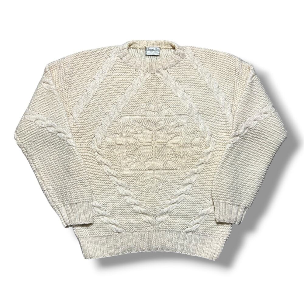 Vintage Christian Dior Hand Knit Wool Sweater Chunky Fisherman Cream Medium